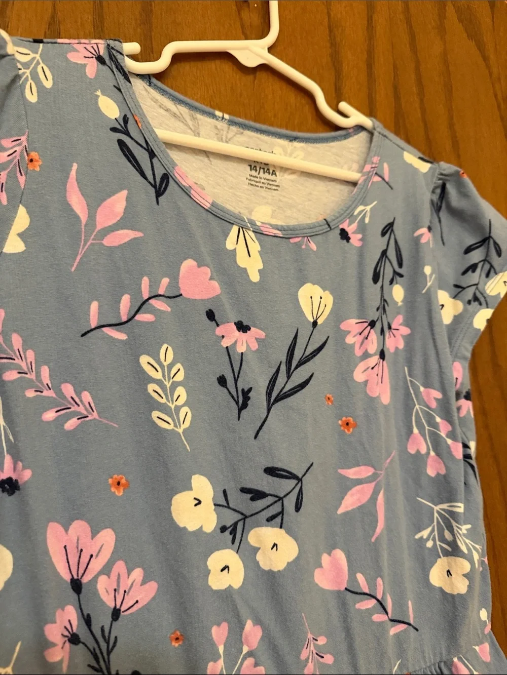 Carter's Blue Floral Short Sleeve Knit Cotton Dress with Pink & White Flowers